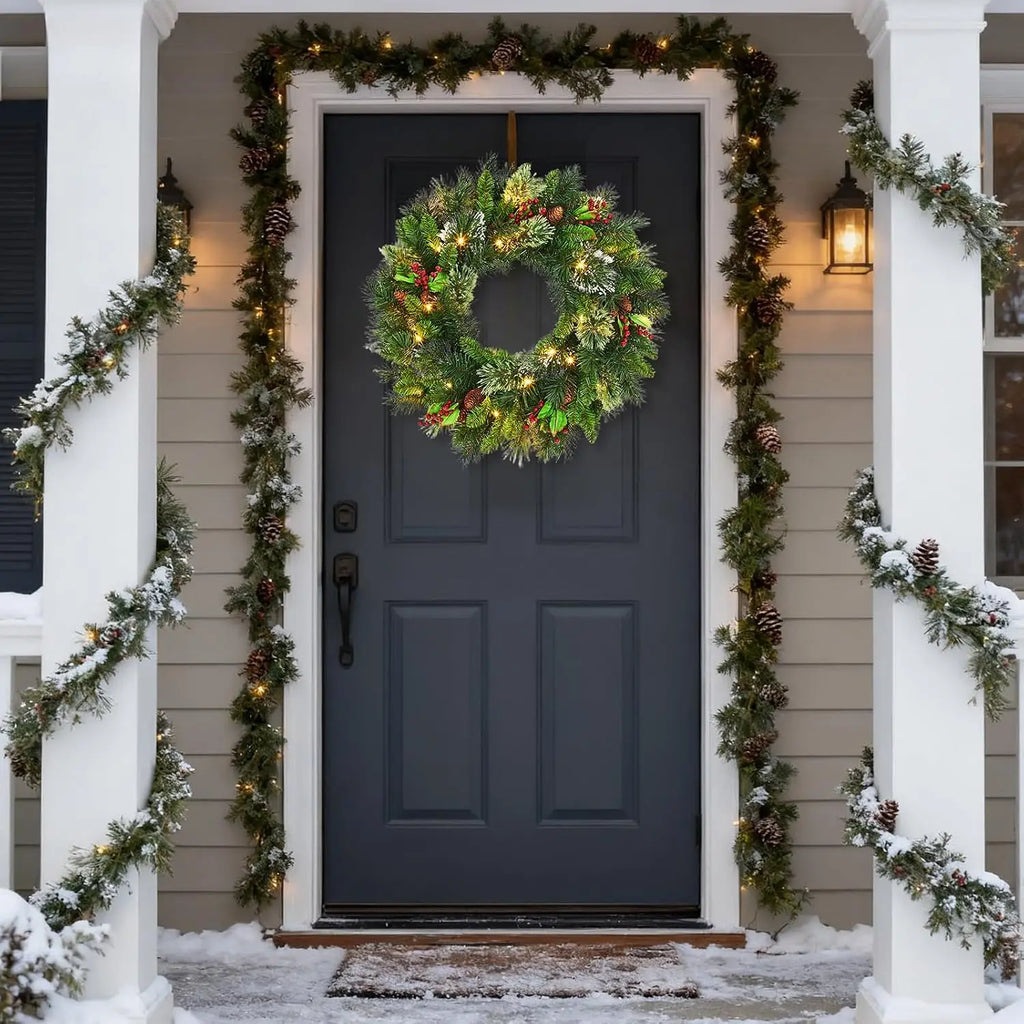 OEM Pre-Lit Christmas Wreath 50 Warm White LED Pine Cones Green 24 Inch