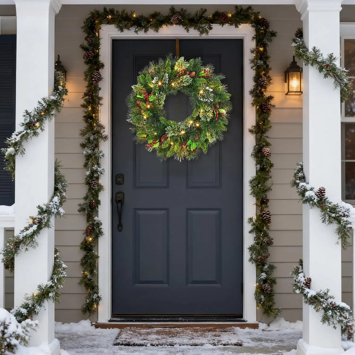 OEM Pre-Lit Christmas Wreath 50 Warm White LED Pine Cones Green 24 Inch