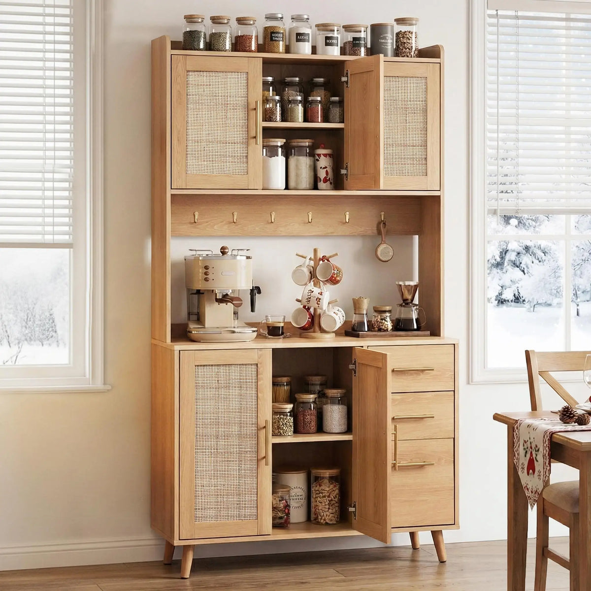 OEM Buffet Sideboard Hutch Rattan Storage Cabinet Pine Gold 100x40x180cm