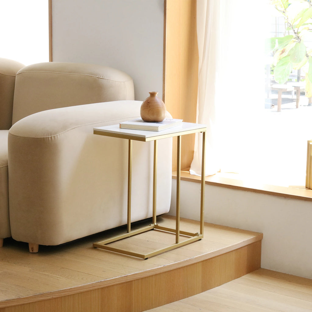 C-Shaped End Side Table - Marble Top - Gold & White