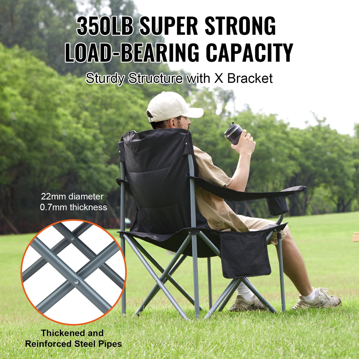 OEM Portable Folding Camping Chair Cup Holder Grey 98x63x99cm