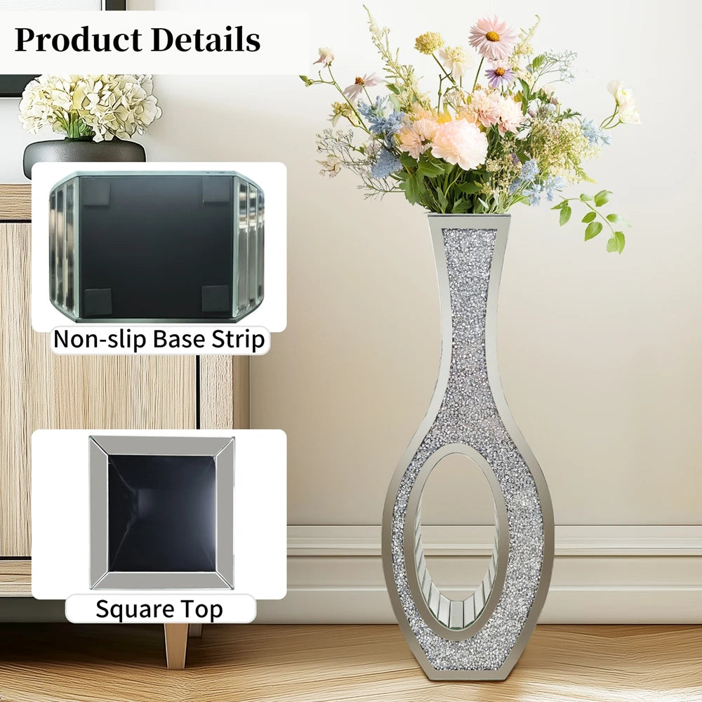 OEM Floor Vase Mirrored Crushed Diamond Silver Tall