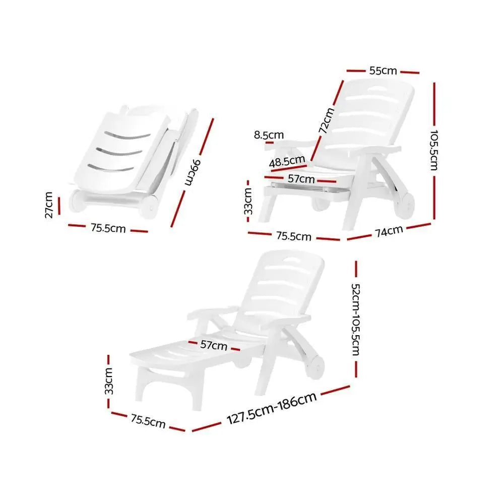 OEM Folding Sun Lounger Chair with Wheels 5-Position Adjustable Outdoor Recliner White 186x75.5cm