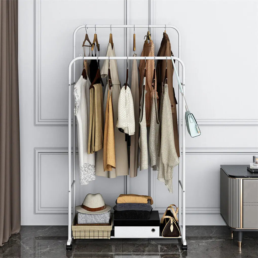 OEM Clothes Rack Double Hanging Rod Rolling White 80.5x51x155cm