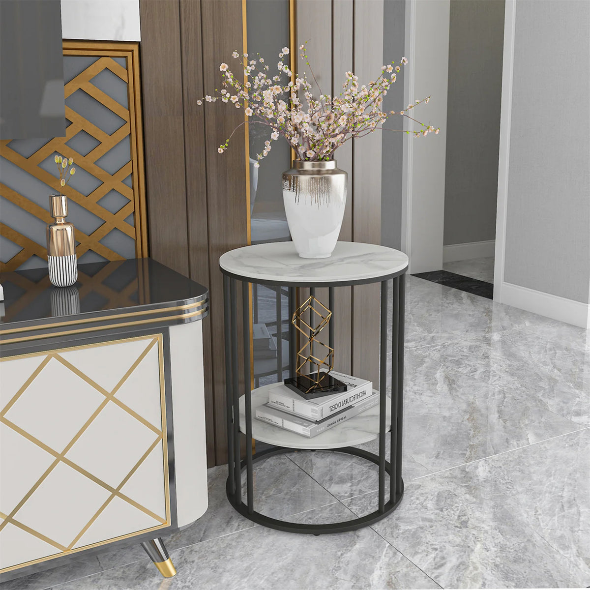 OEM Side Table 2-Tier Round Sintered Stone Top Black