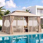 OEM Outdoor Gazebo Canopy Steel Frame Curtains Beige 3x4m