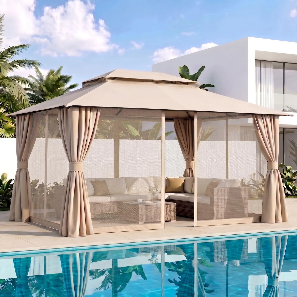 OEM Outdoor Gazebo Canopy Steel Frame Curtains Beige 3x4m