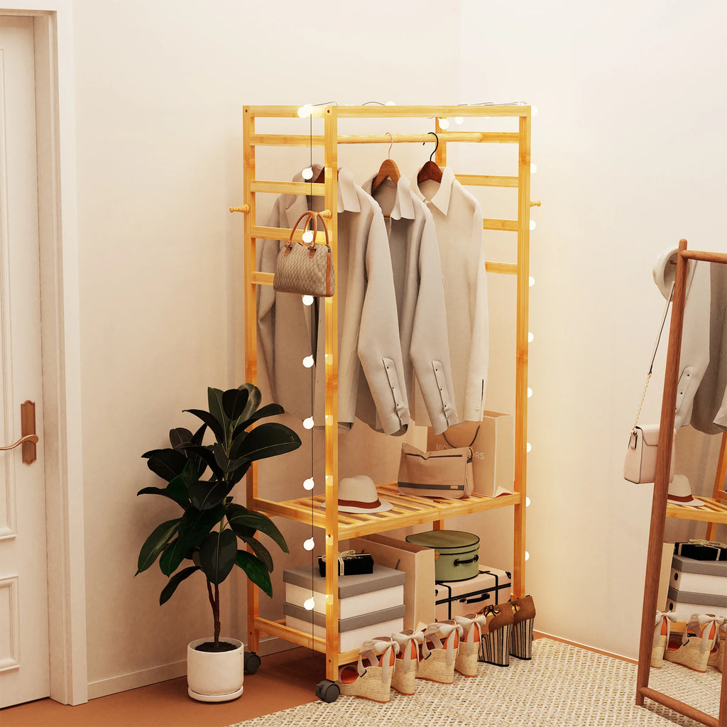 OEM Clothes Rack Bamboo Rolling Wheels Natural