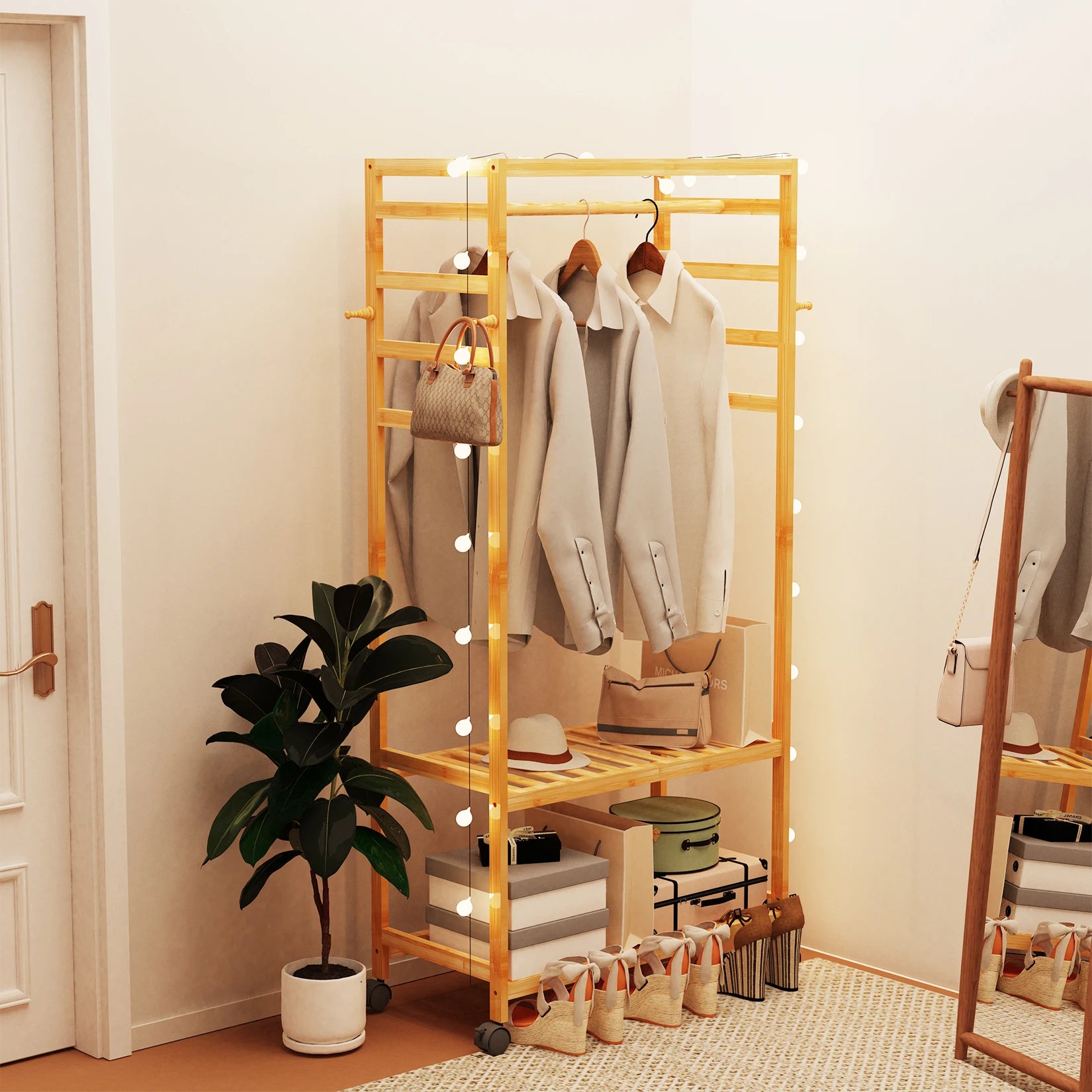 OEM Clothes Rack Bamboo Rolling Wheels Natural