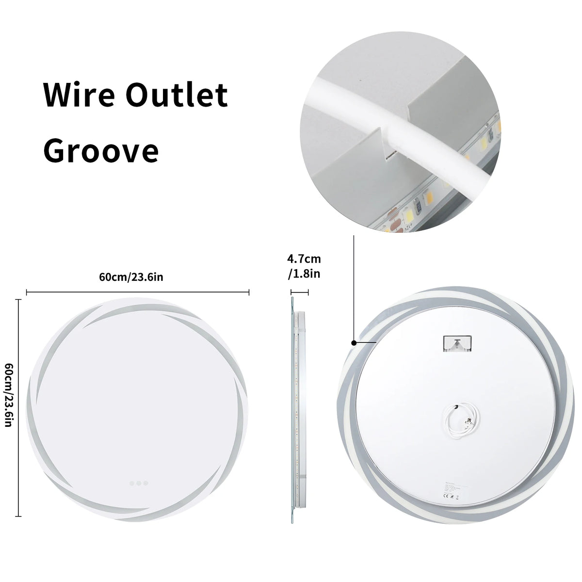 OEM Bathroom Mirror Round LED Anti-Fog 3 Colour Light Modes Silver 60cm