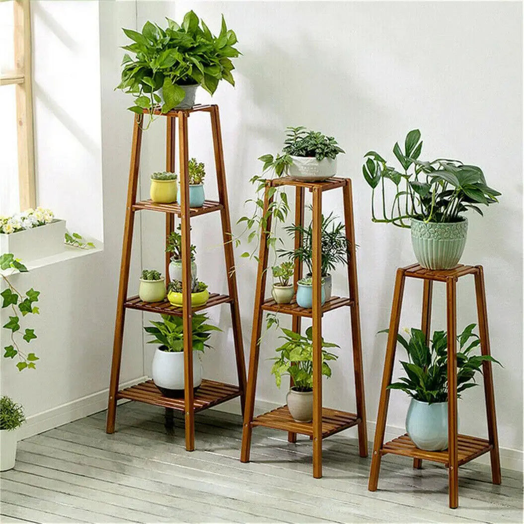 Plant Stand - Tiered Bamboo Design - Natural Wood