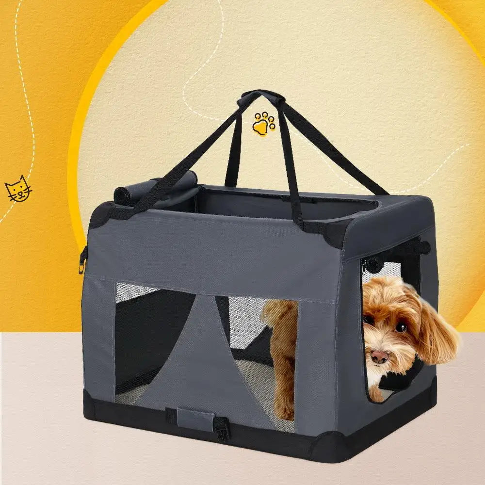 OEM Foldable Pet Carrier Crate Soft-Sided Travel Bag Grey 60x42x42cm
