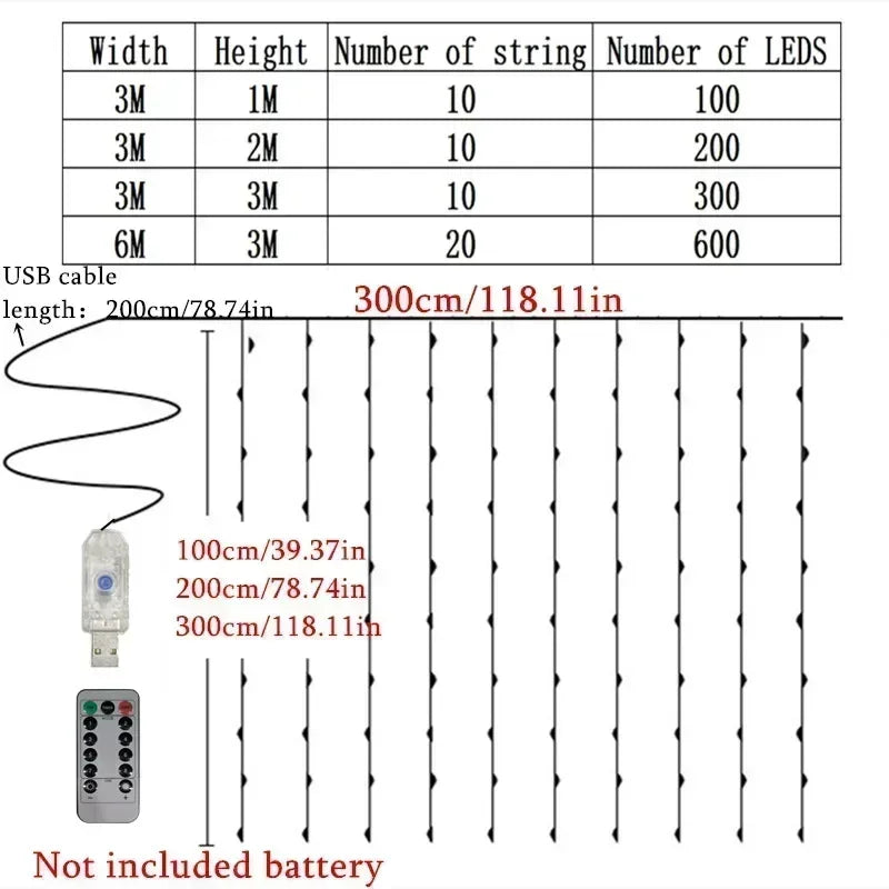 OEM Curtain LED String Lights USB Remote 8 Modes 200 LED