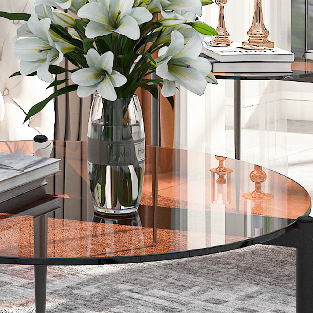 OEM Coffee Table Round Tempered Glass Top Metal Legs Brown Tinted