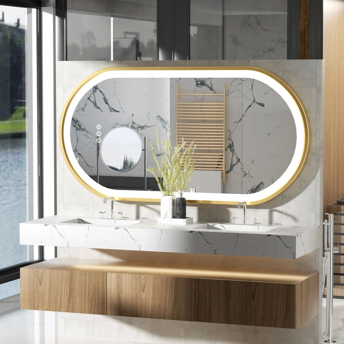 OEM Bathroom Mirror Oval LED Gold Frame Anti-Fog Gold