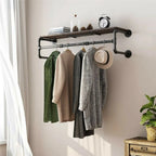 Industrial Pipe Clothing Rack with Shelf - Black