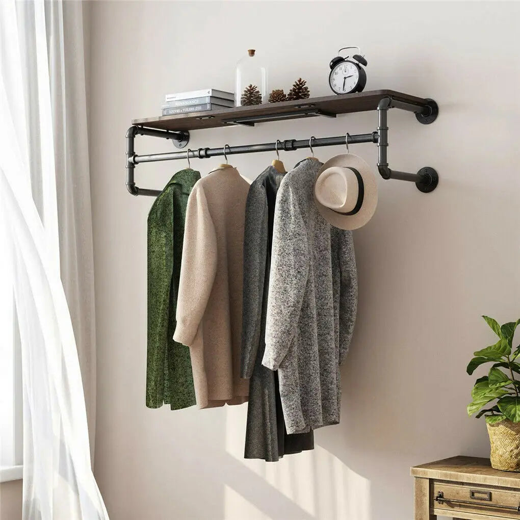 Industrial Pipe Clothing Rack with Shelf - Black