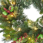 OEM Pre-Lit Christmas Wreath 50 Warm White LED Pine Cones Green 24 Inch