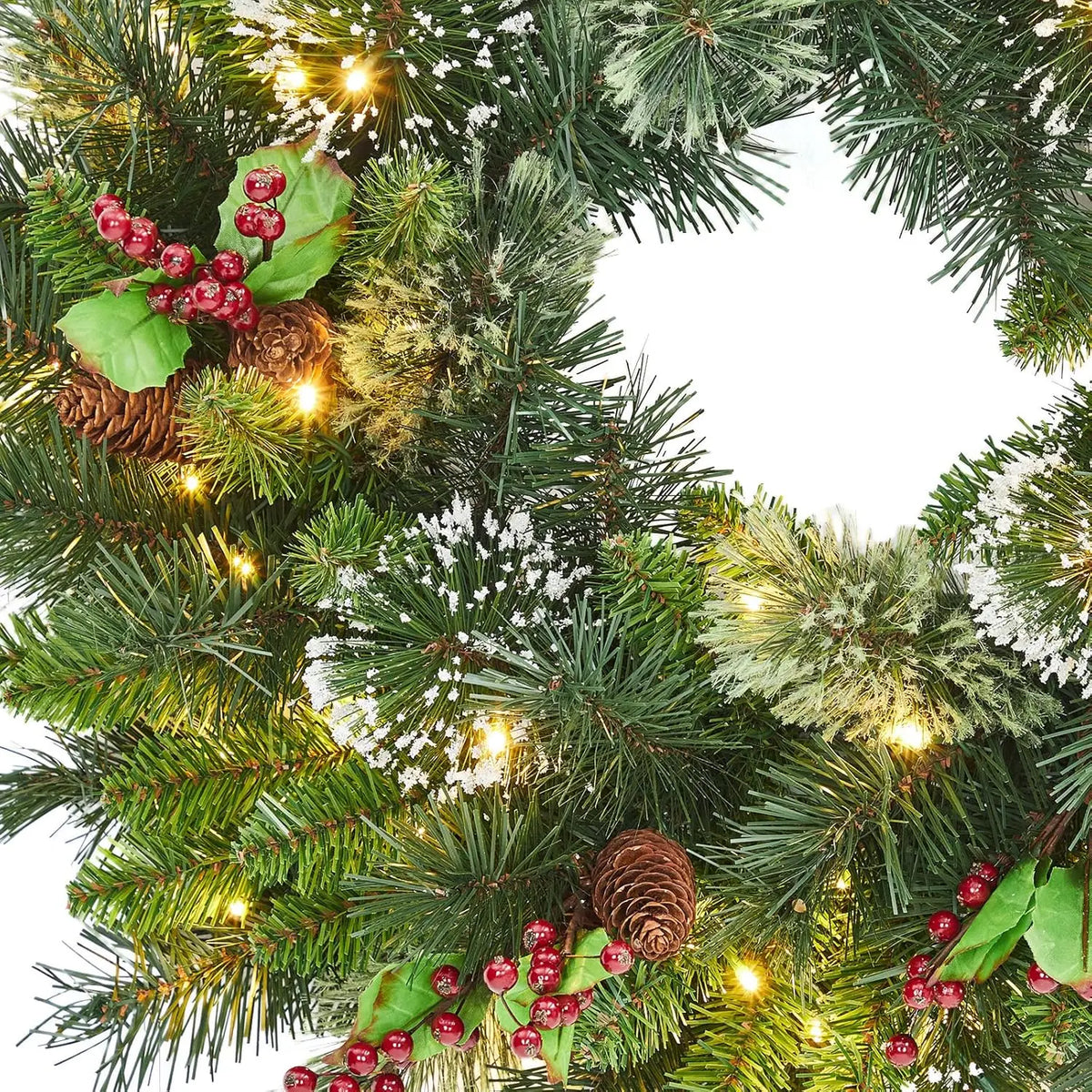 OEM Pre-Lit Christmas Wreath 50 Warm White LED Pine Cones Green 24 Inch