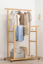 OEM Clothes Rack Double Hanging Rails Wheels Storage Shelves Natural