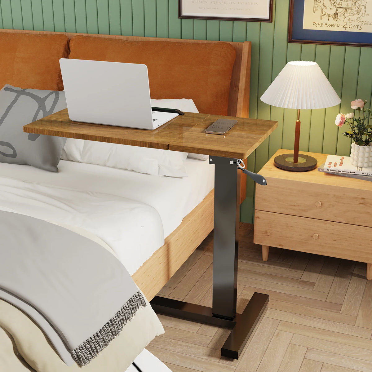 OEM Bedside Table Adjustable Height Wheels Black/Walnut