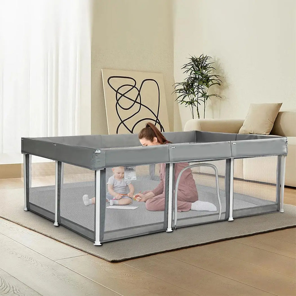 OEM Foldable Baby Playpen Portable Mesh Safety Fence Grey 120x180x65cm