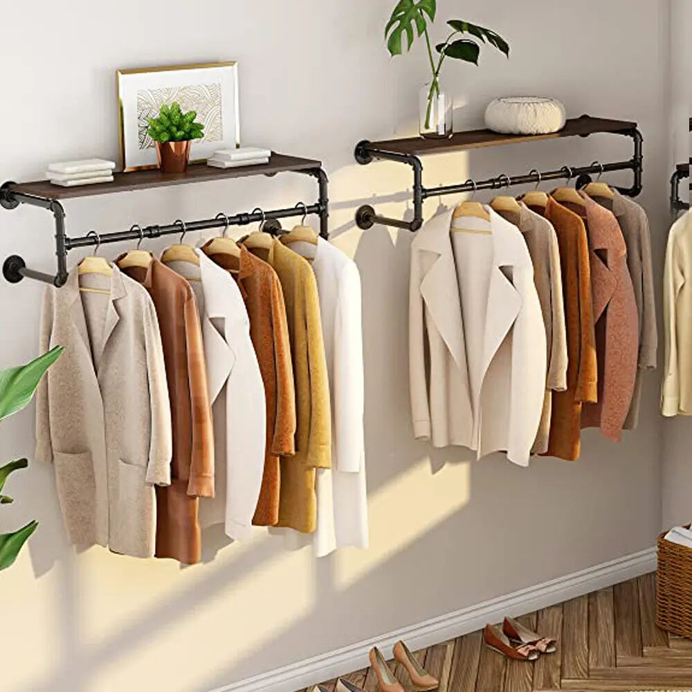 Industrial Pipe Clothing Rack with Shelf - Black