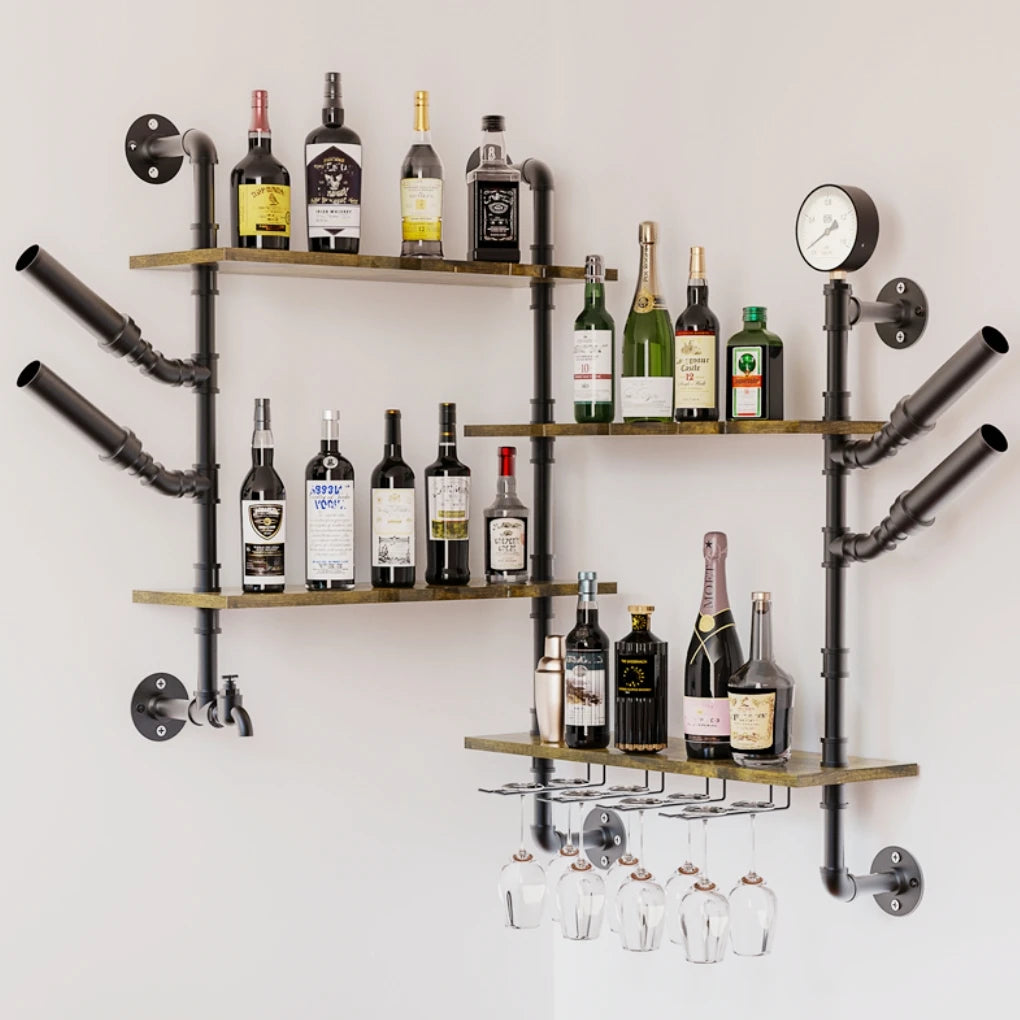 OEM Wall Wine Rack Industrial Pipe Shelves Glass Holder Black