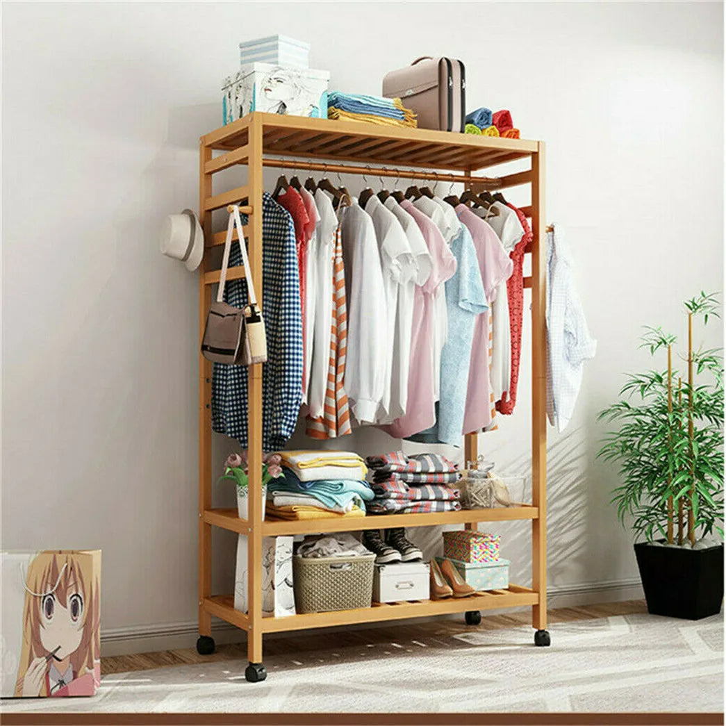 OEM Rolling Clothes Rack Storage Shelves Khaki