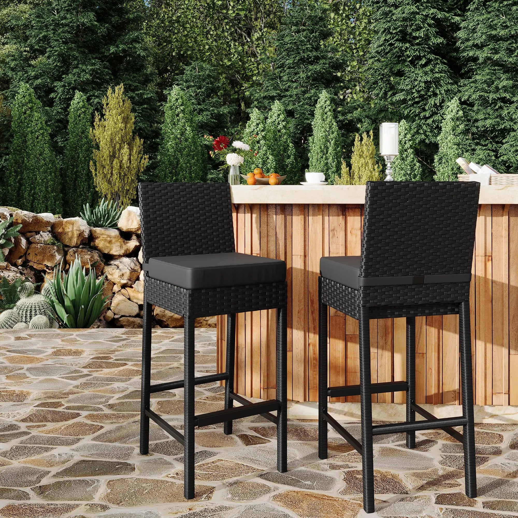 Patio Barstools Set of 2 - Armless - Black/Grey