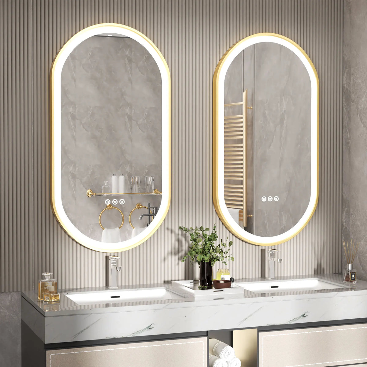 OEM Bathroom Mirror Oval LED Gold Frame Anti-Fog Gold