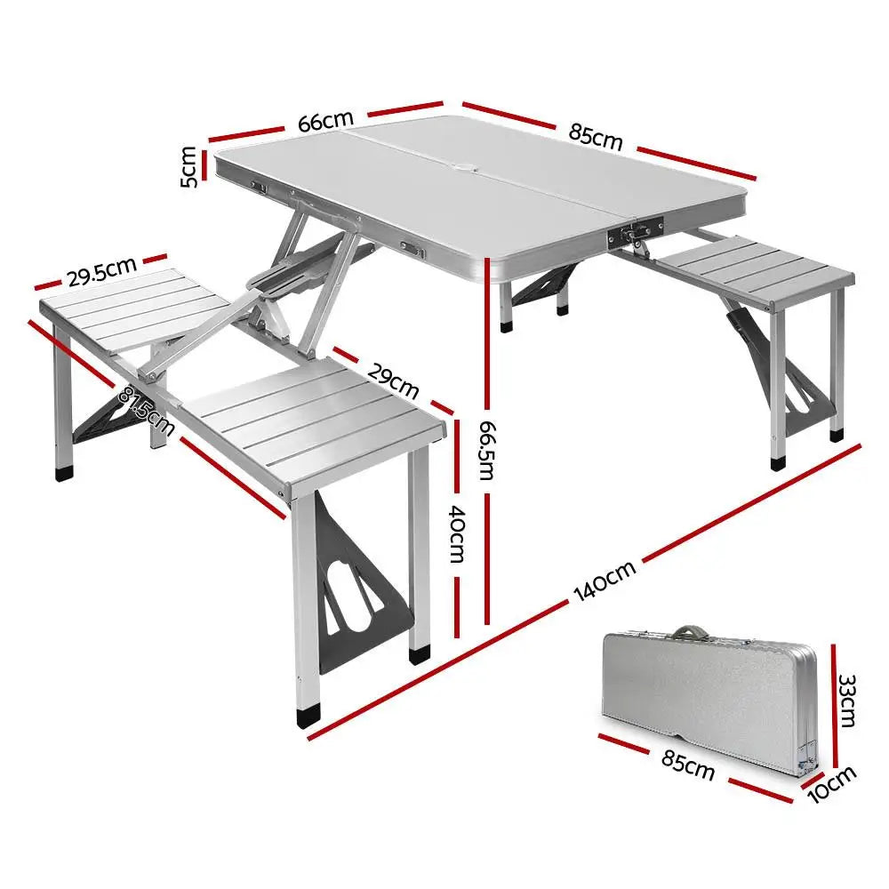 OEM Portable Folding Camping Table Set with Bench Seats Silver 85x66x66.5cm