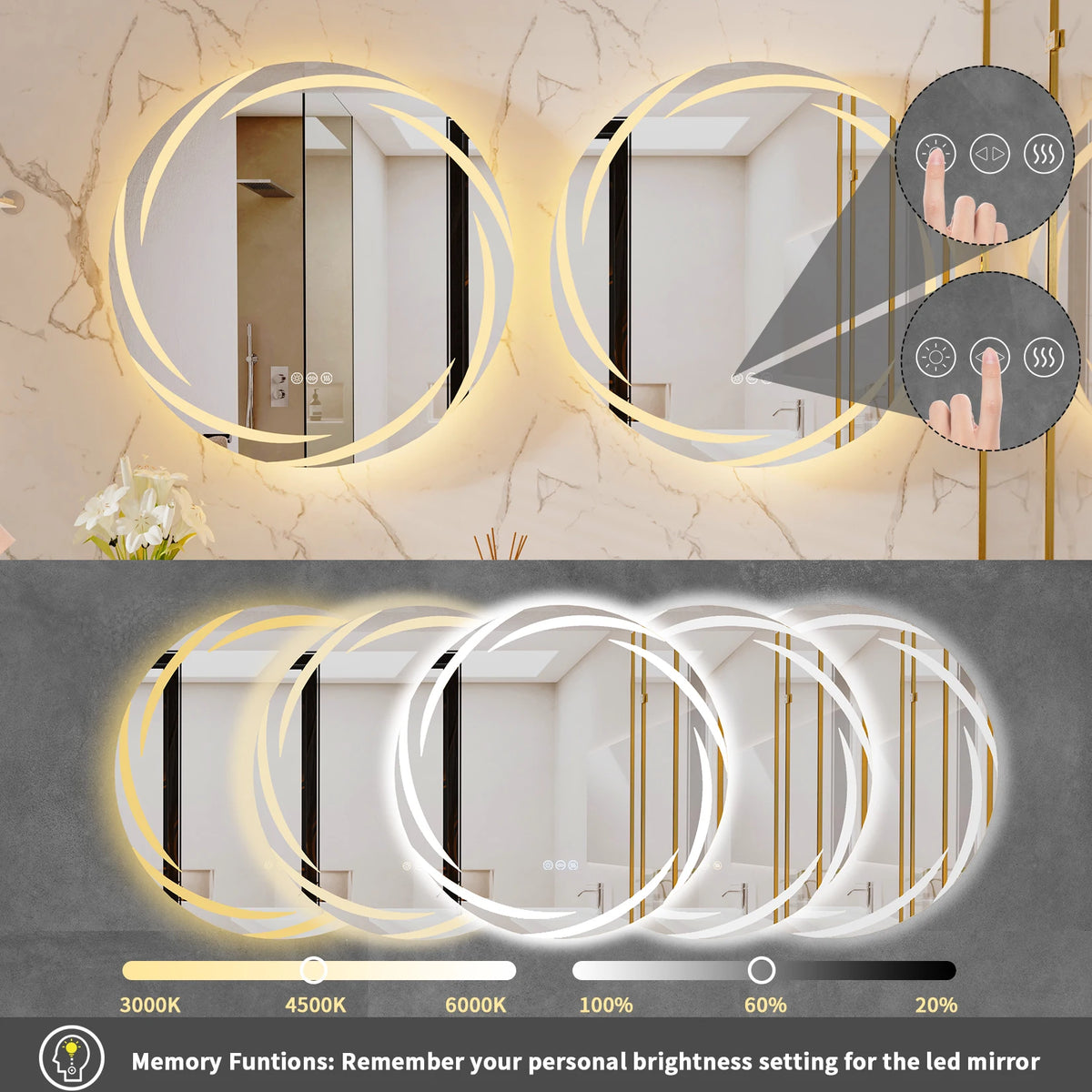 OEM Bathroom Mirror Round LED Anti-Fog 3 Colour Lights Silver 60cm