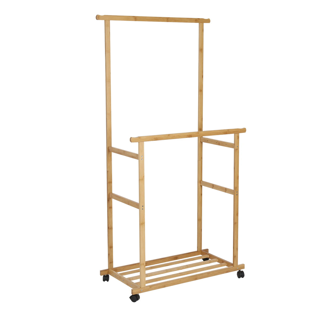 OEM Clothes Rack Double Hanging Rails Wheels Storage Shelves Natural