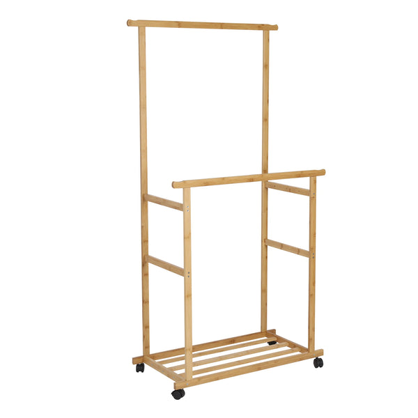 OEM Clothes Rack Double Hanging Rails Wheels Storage Shelves Natural