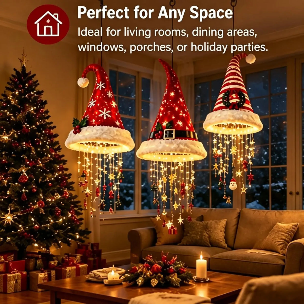 OEM  Santa Hat Hanging LED Light Tassel Bell Star Christmas Decoration S2