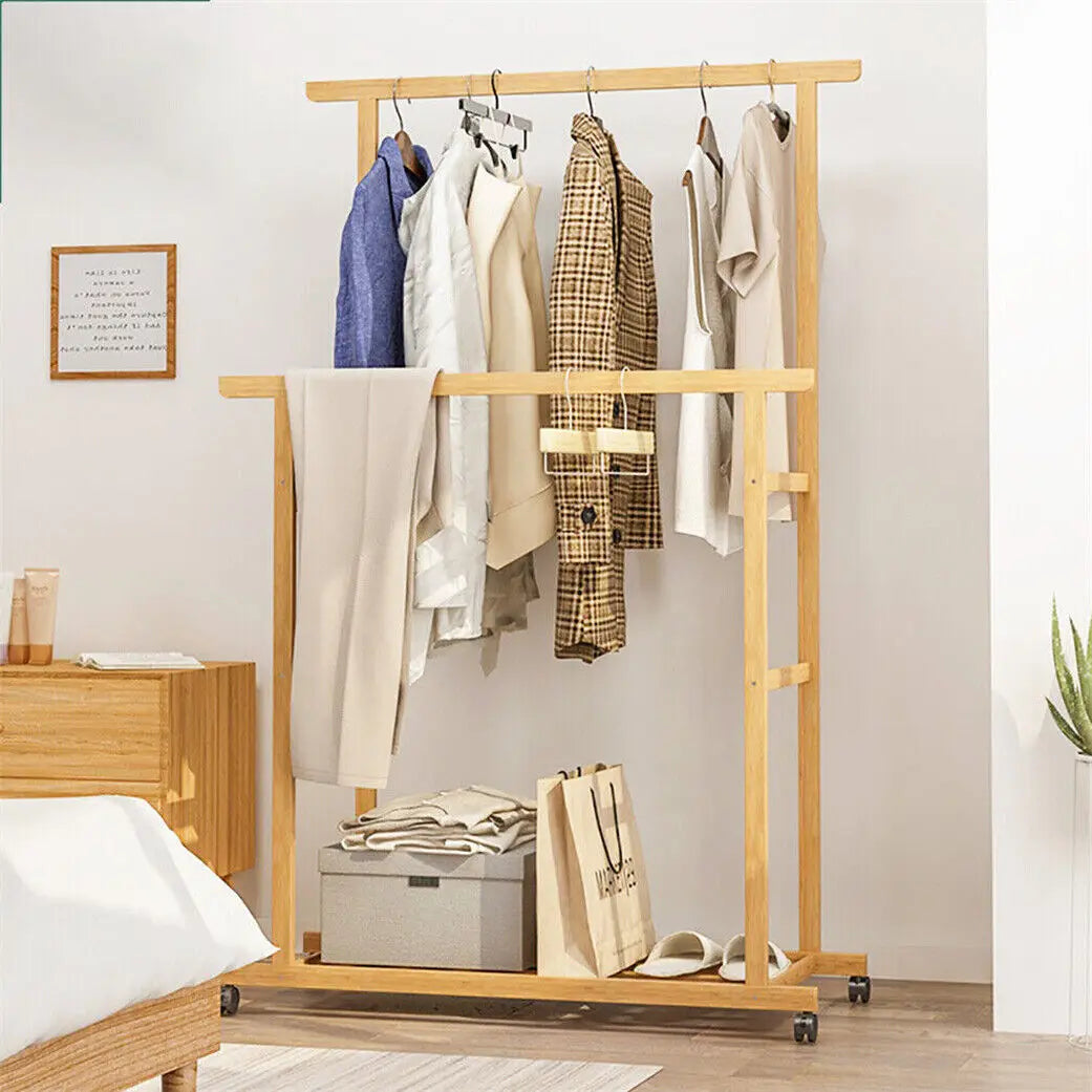 OEM Clothes Rack Bamboo Wheels Locks Light Oak
