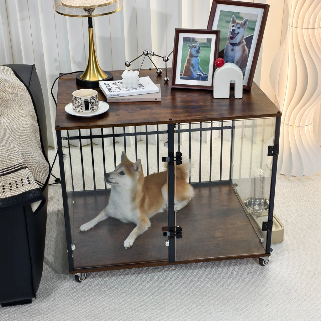 OEM Dog Crate Furniture Style Tempered Glass Rolling Kennel