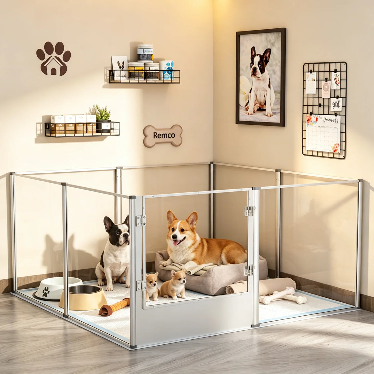 OEM Acrylic Dog Playpen 8 Panels Waterproof Pad Silver 120x120x61cm