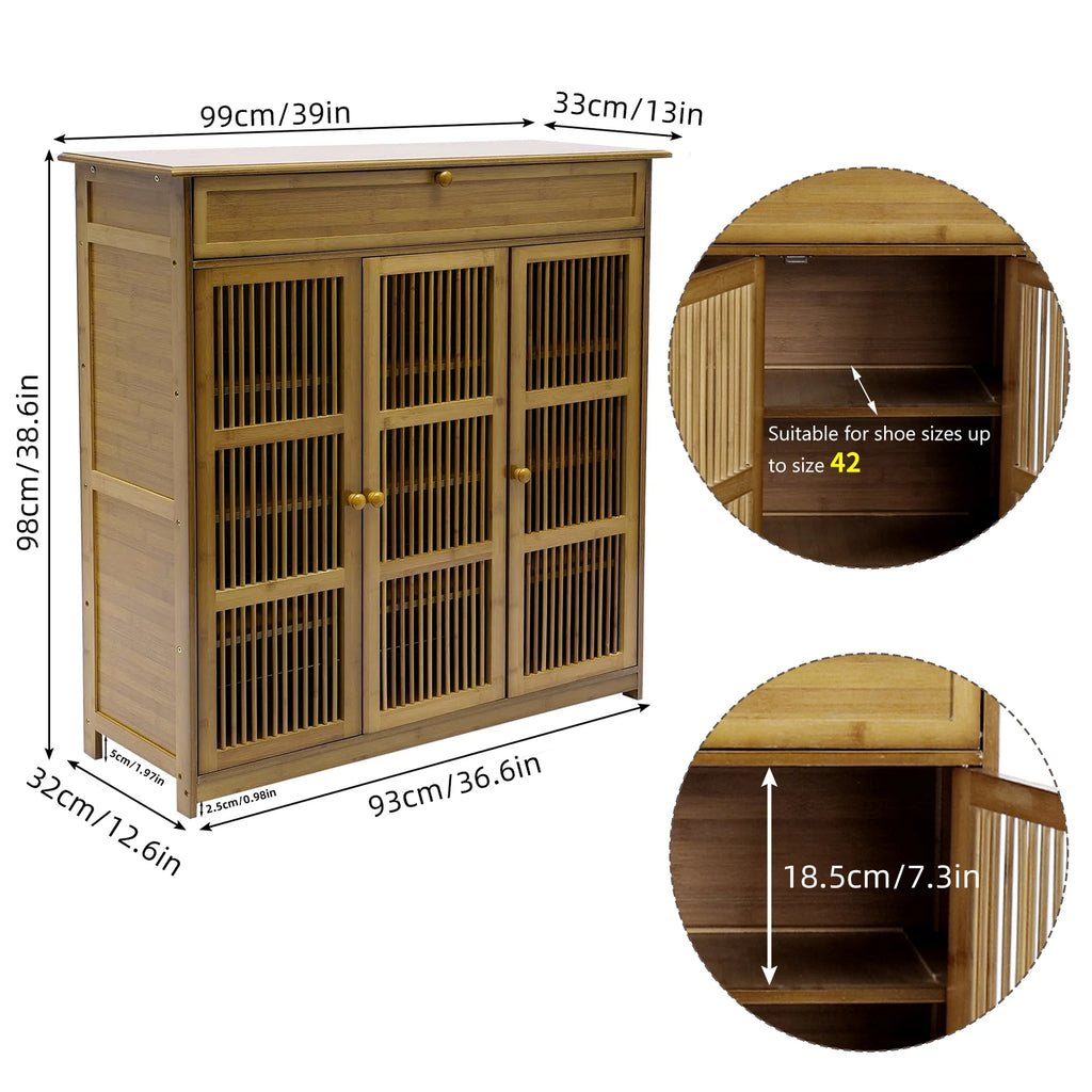 OEM Shoe Cabinet 4-Tier Bamboo Storage 3 Doors Brown Wood