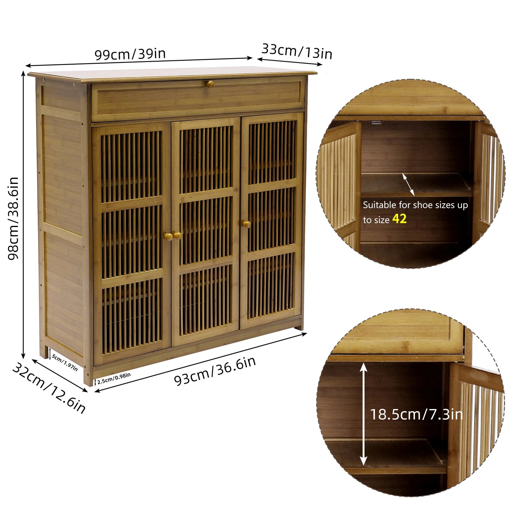 OEM Shoe Cabinet 4-Tier Bamboo Storage 3 Doors Brown Wood