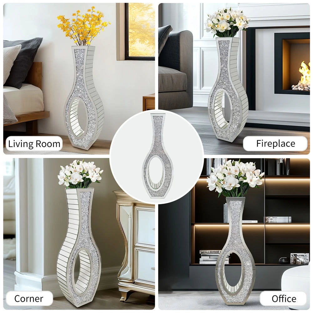 OEM Floor Vase Mirrored Crushed Diamond Silver Tall