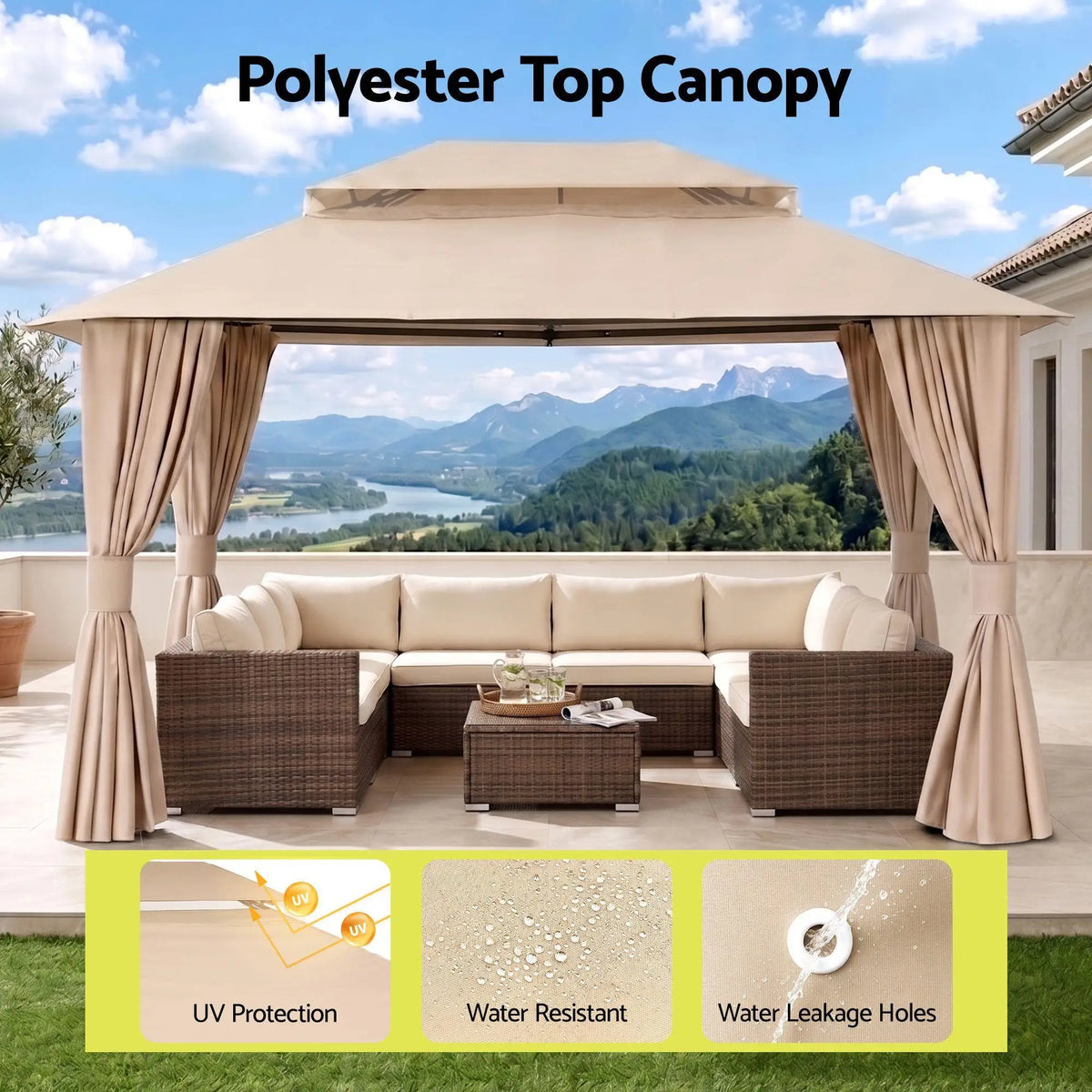 OEM Outdoor Gazebo Canopy Steel Frame Curtains Beige 3x4m