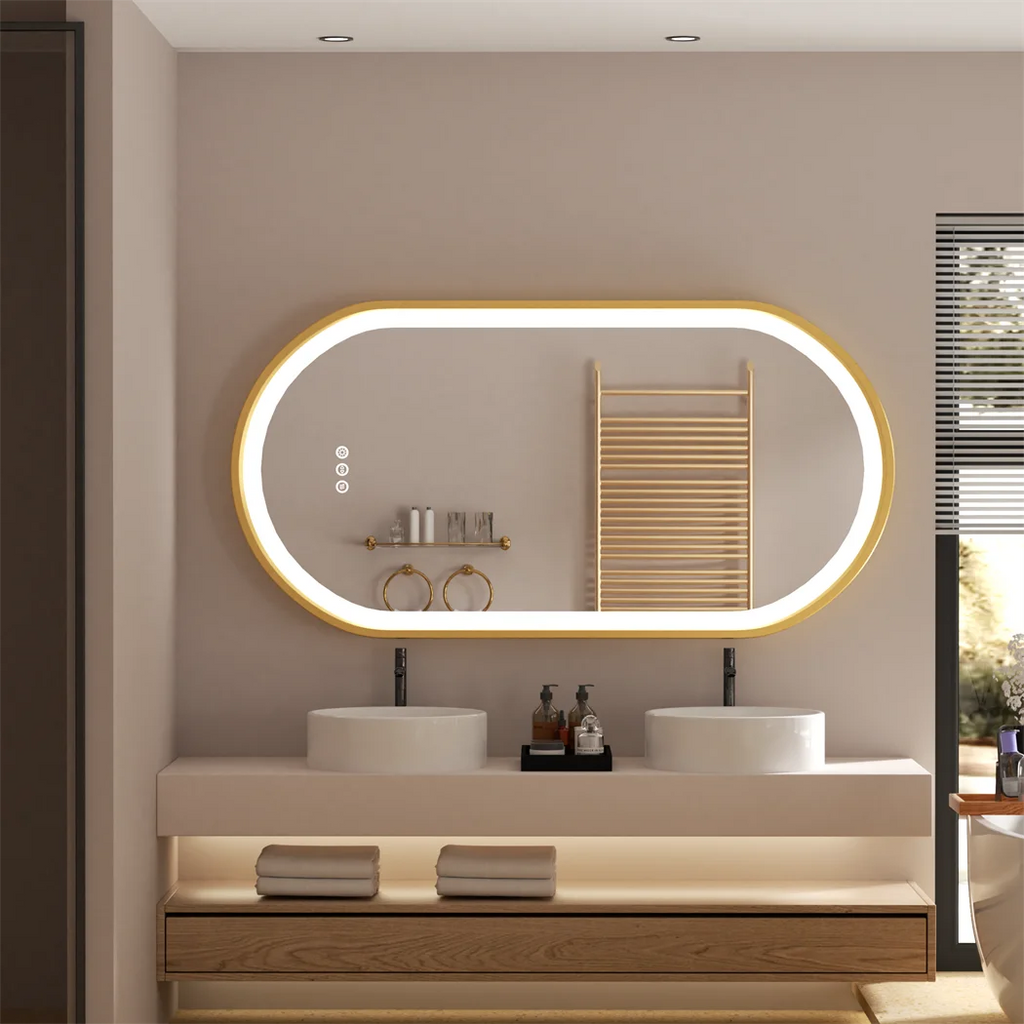 OEM Bathroom Mirror LED Illuminated Oval Aluminium Frame Gold