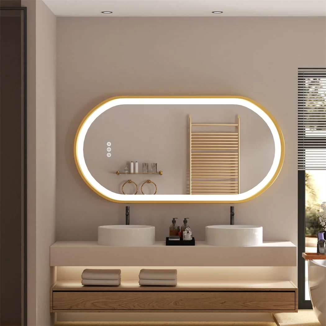 OEM Bathroom Mirror LED Illuminated Oval Aluminium Frame Gold
