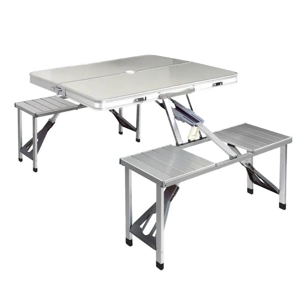 OEM Portable Folding Camping Table Set with Bench Seats Silver 85x66x66.5cm