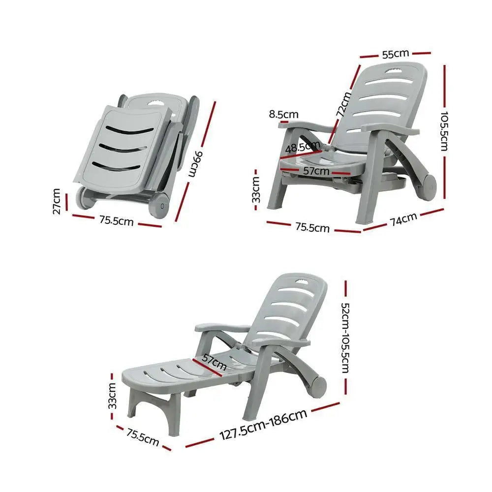 OEM Folding Sun Lounger Chair with Wheels 5-Position Adjustable Outdoor Recliner Grey 186x75.5cm