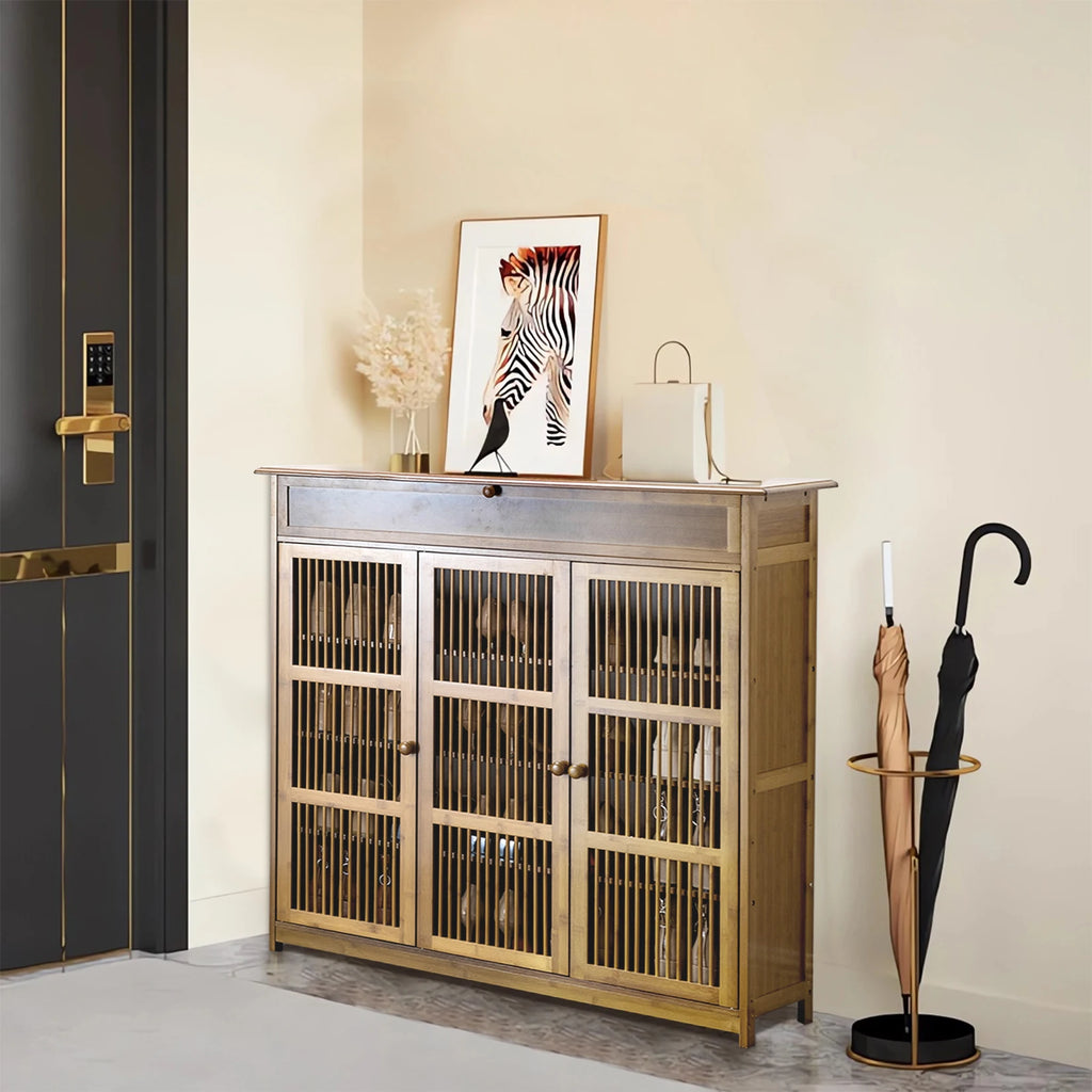 OEM Shoe Cabinet 4-Tier Bamboo Storage 3 Doors Brown Wood