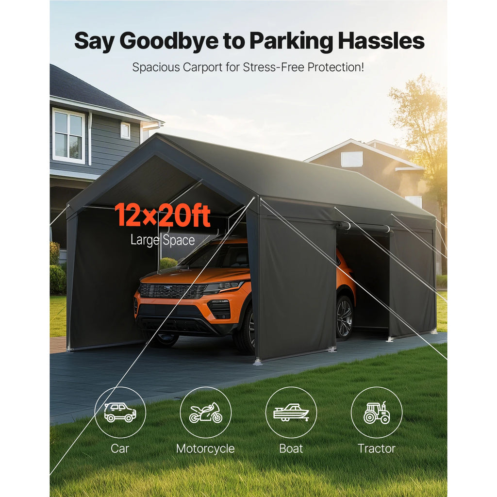 OEM Portable Carport Canopy Removable Sidewalls Zipper Door Gray 10x20ft