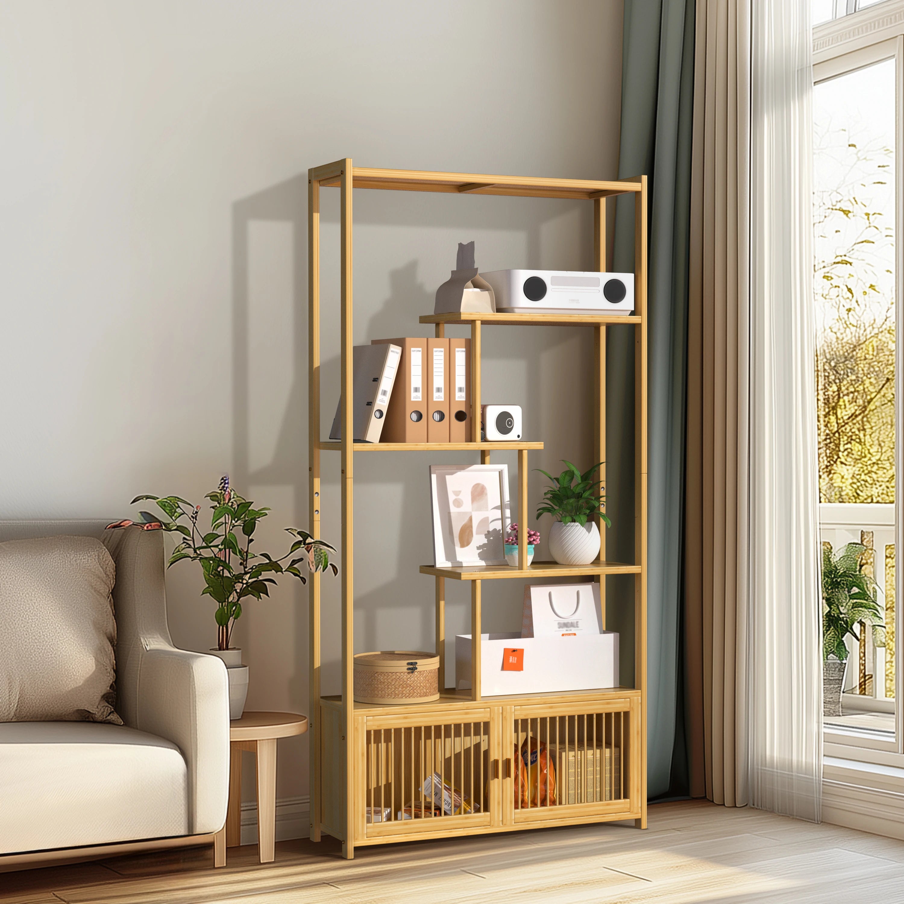 OEM Storage Rack Bamboo Shelving Unit High & Low Shelves Natural